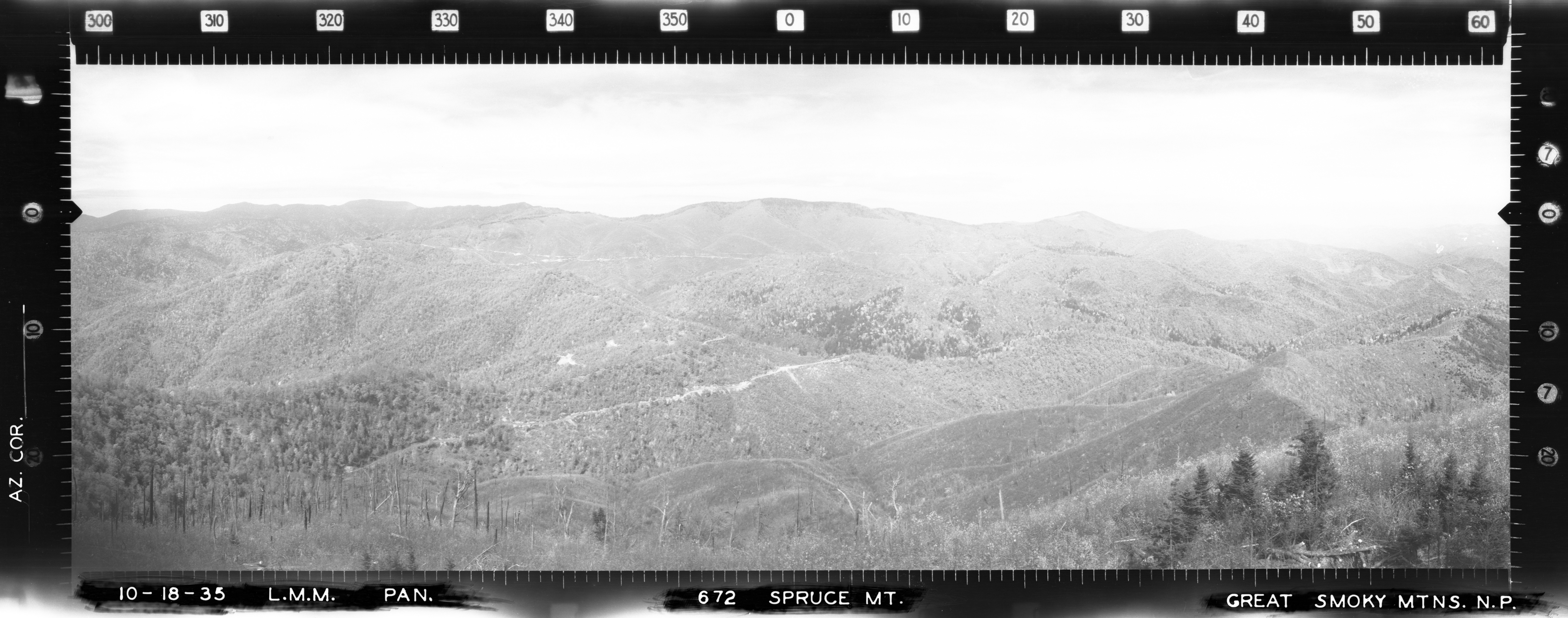 Panoramic view from Spruce Mountain fire lookout station, sector 300-60 degrees, North Carolina, 1935 Great Smoky Mountains National Park - by Lester Moe